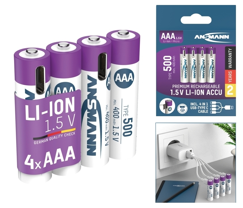Ansmann_Lithiumakku_1311-0028_33-500-01500_B01 Lithiumakku 1,5Volt Micro AAA je 500mAh inkl USB-C Ladekabel - 4er-Pack -
