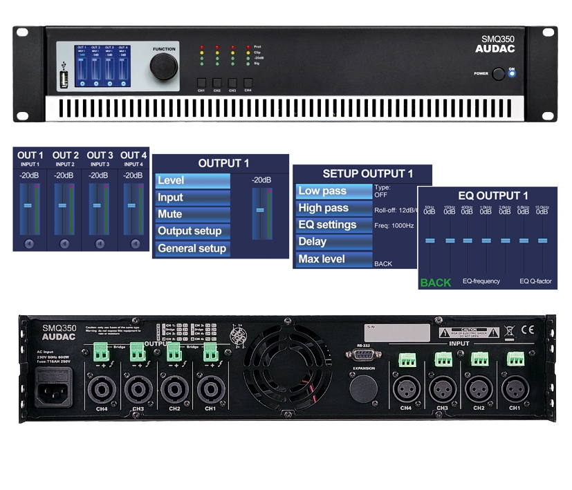 Audac_SMQ350_4x350W_Endstufe_88-460-02120 4Kanal Verstärker SMQ350 mit 4x350W 4-8ohm oder 2x700W Multiroom LCD-Display