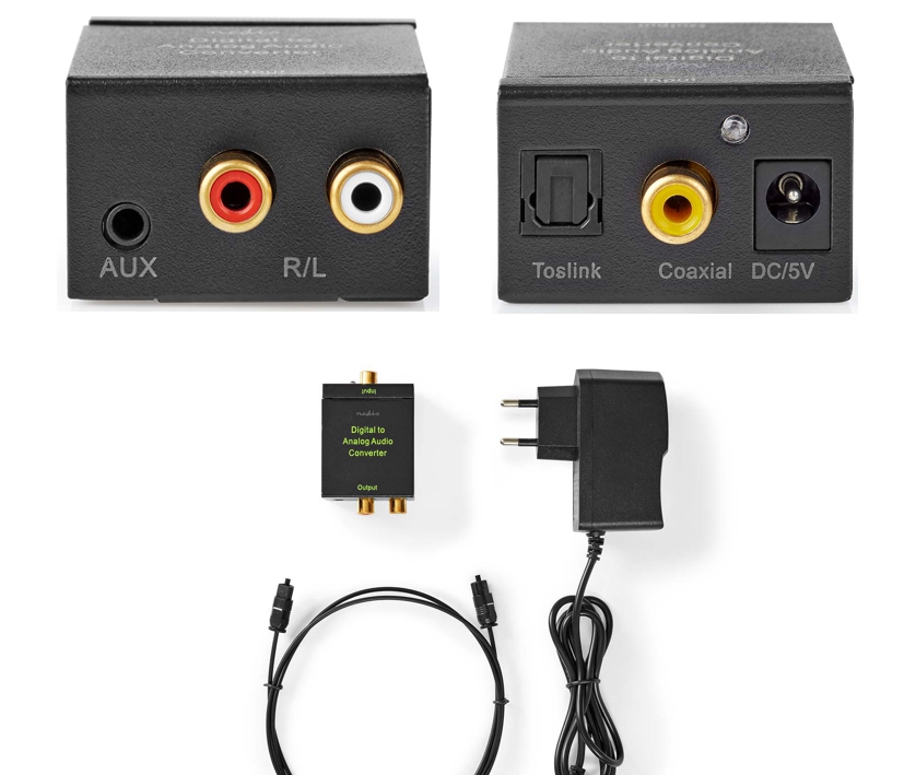 Medienkonverter Audiowandler Toslink auf Klinkenbuchse für Kopfhörer oder Musikanlage über Cinchbuchsen AUX