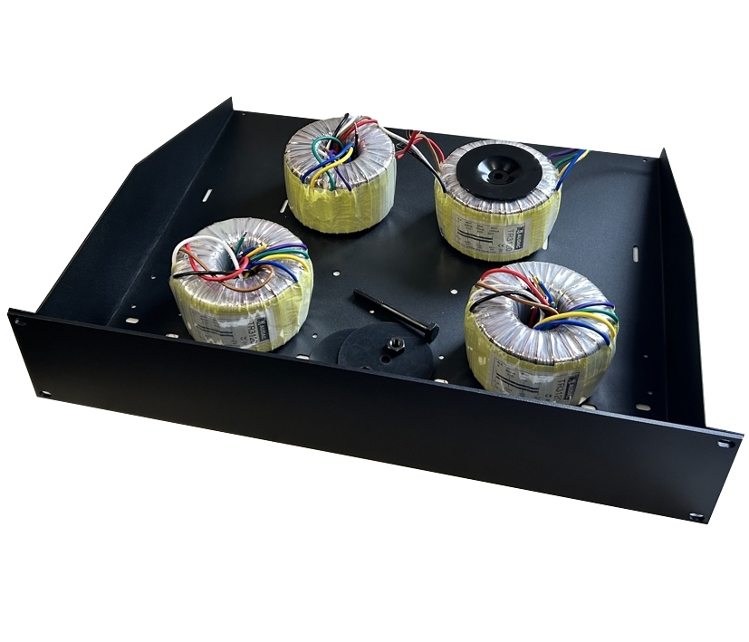 4x120W_100V_Trafo_auf_19zoll_Traeger_43-890-00189 4x ELA Trafo im 19zoll Gehäuse In 4-8R Out 4x120W RMS 100V Rinkerntrafos als Bausatz