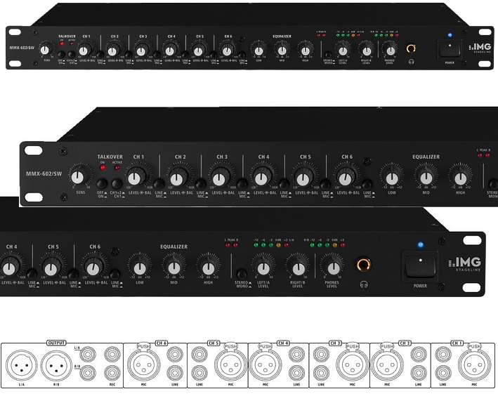 Mischpult Mixer 12-Kanal 19zoll 1HE mit 6xLine und 6x Mikrofon Eingang