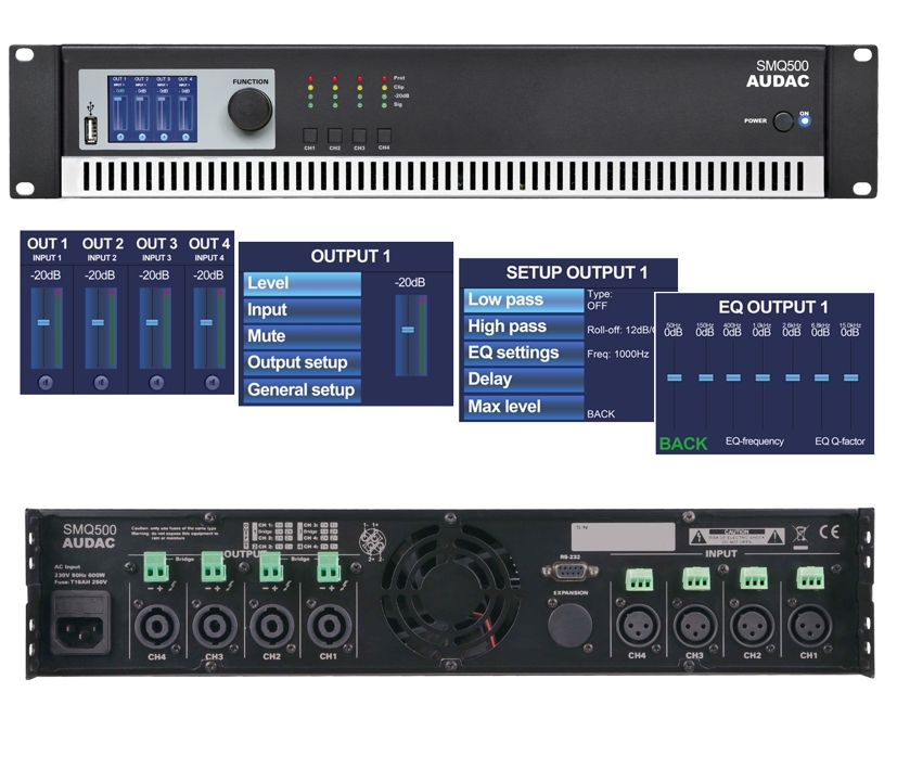Audac_SMQ500_4x500W_Endstufe_88-900-07175 4Kanal Verstärker SMQ500 mit 4x500W 4-8ohm oder 2x1000W Multiroom LCD-Display
