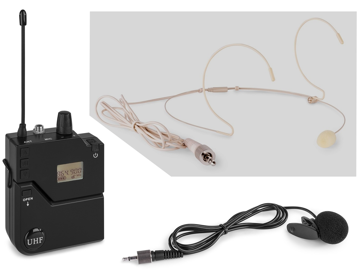 Ttaschsender_mit_2x_Mikrofenen_80-700-03376 Zubehör Taschensender inkl Ansteckmikrofon mit Klammer und hautfarbenem Headset